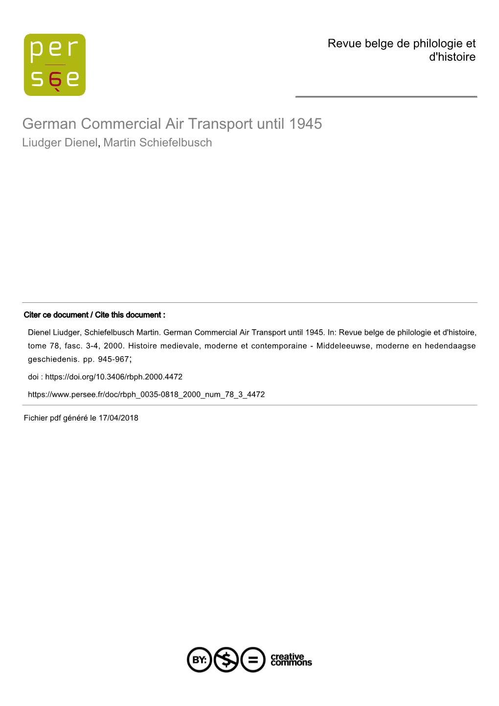 German Commercial Air Transport Until 1945 Liudger Dienel, Martin Schiefelbusch