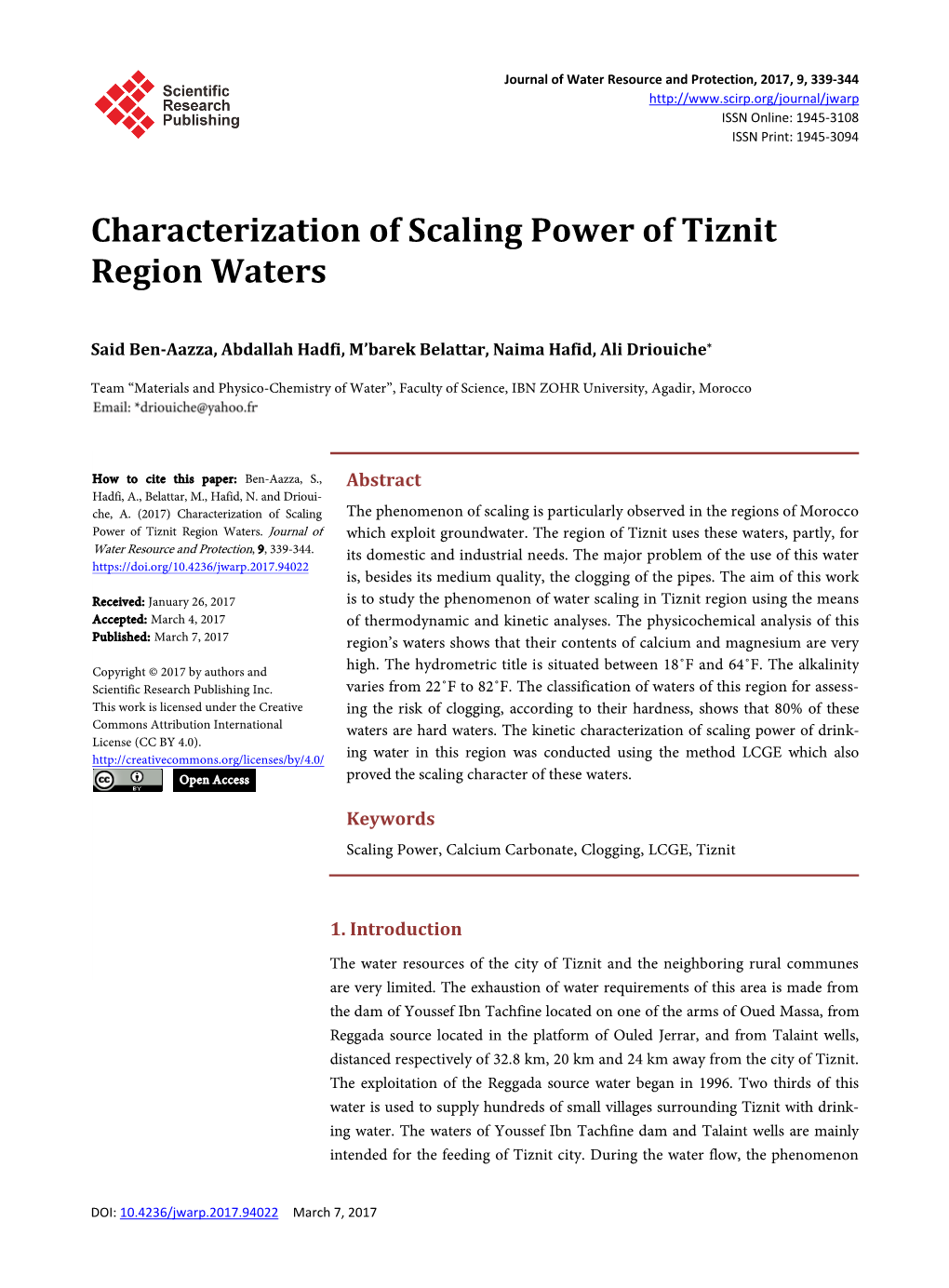 Characterization of Scaling Power of Tiznit Region Waters