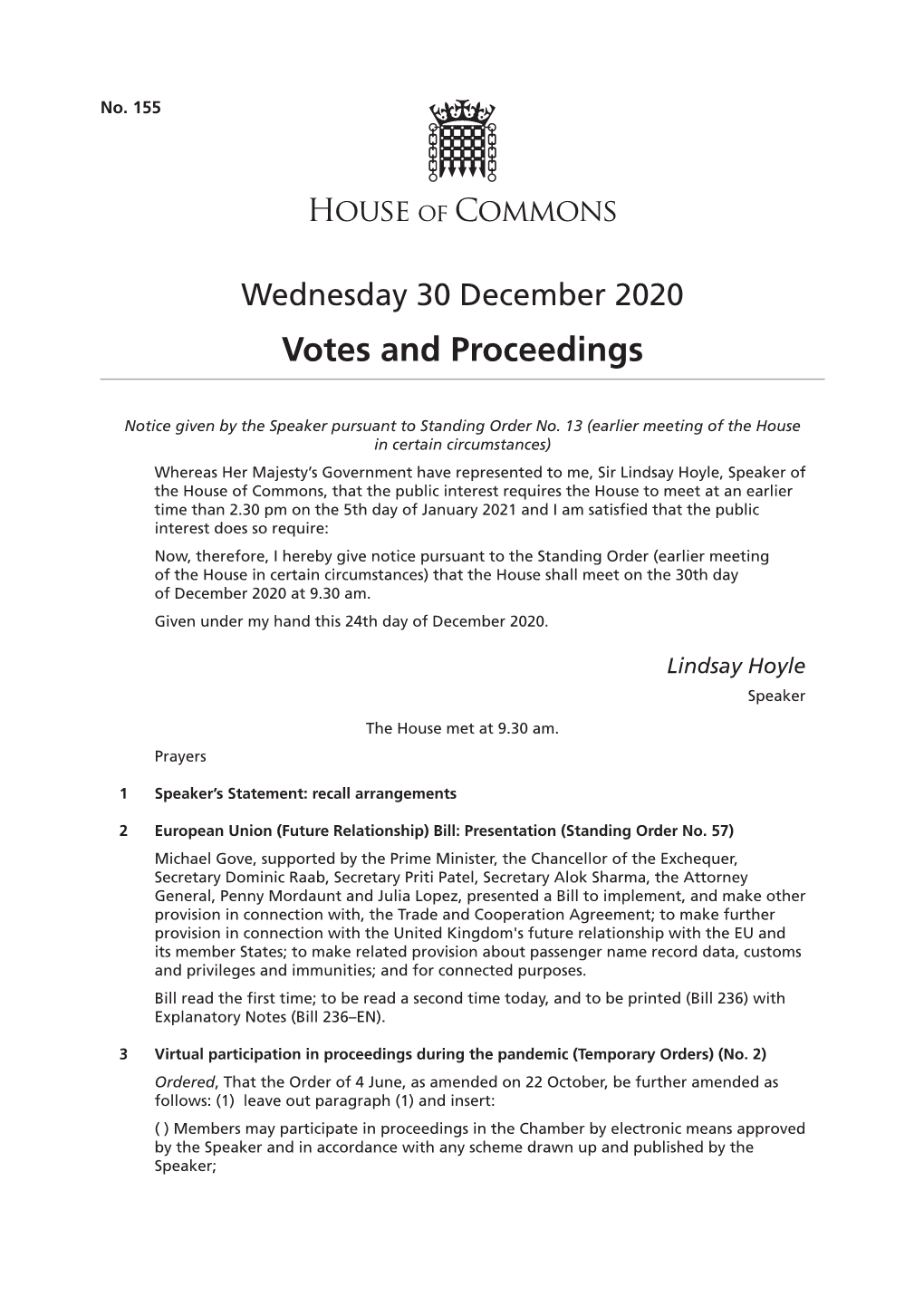 30 December 2020 Votes and Proceedings