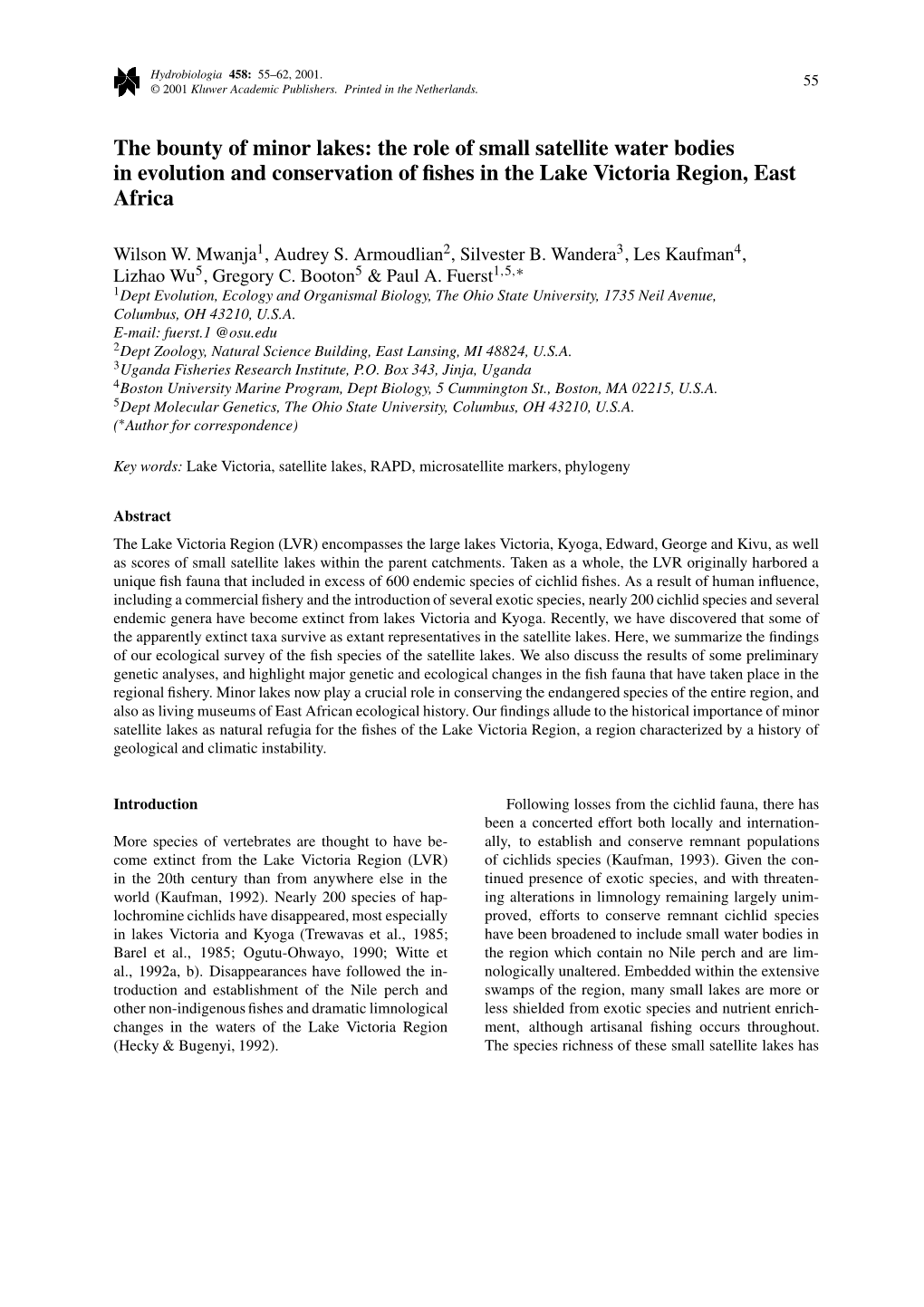 The Role of Small Satellite Water Bodies in Evolution and Conservation of ﬁshes in the Lake Victoria Region, East Africa