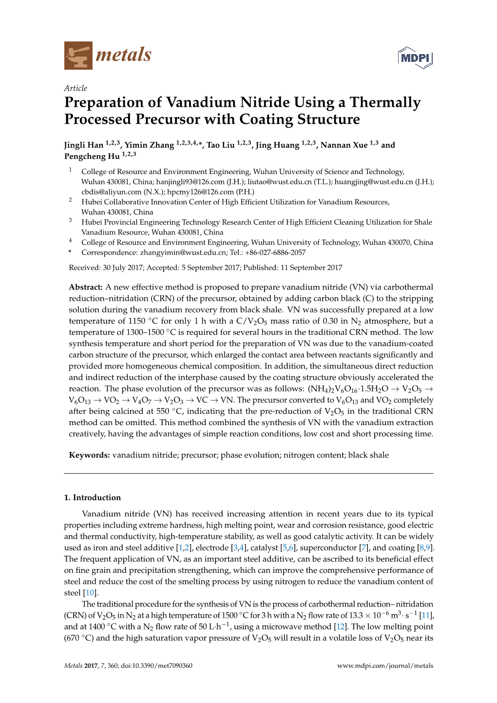 Preparation of Vanadium Nitride Using a Thermally Processed Precursor with Coating Structure