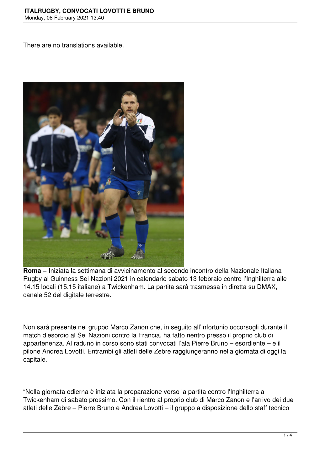 ITALRUGBY, CONVOCATI LOVOTTI E BRUNO Monday, 08 February 2021 13:40