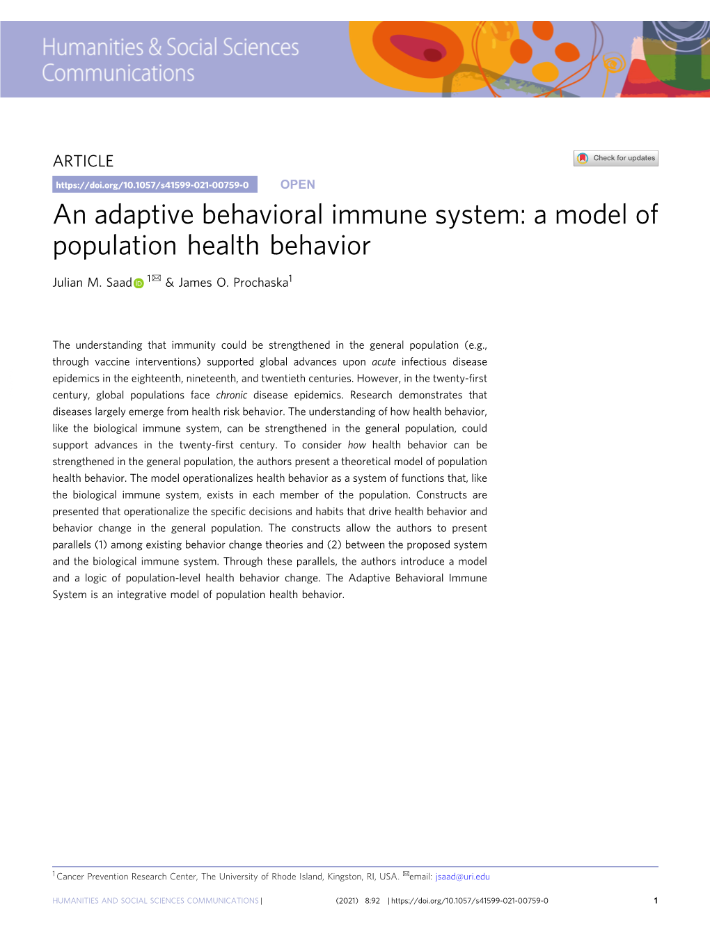 An Adaptive Behavioral Immune System: a Model of Population Health Behavior ✉ Julian M