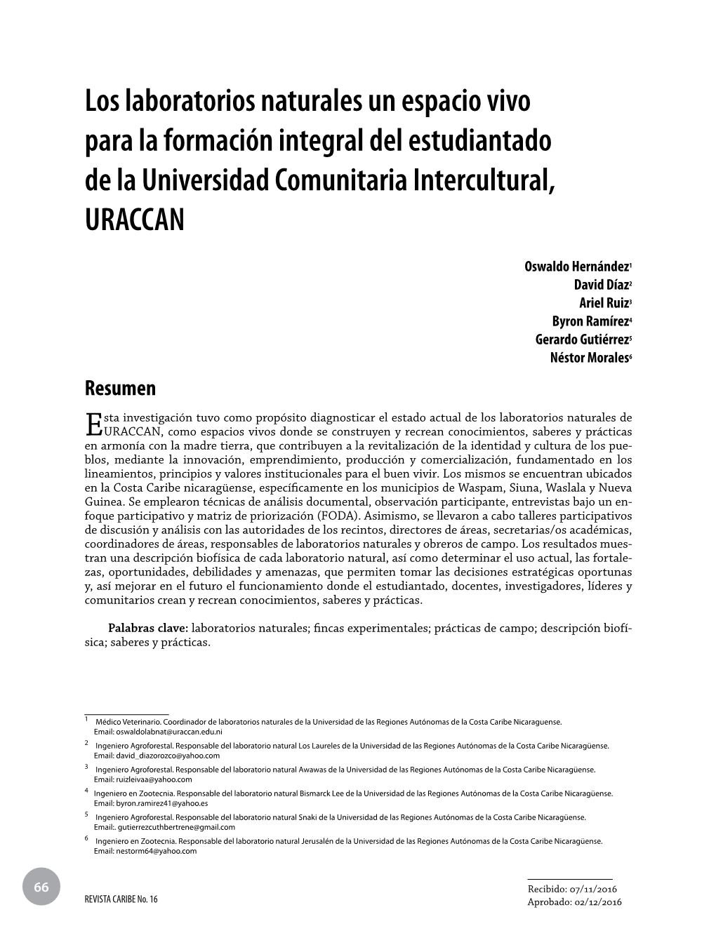 Los Laboratorios Naturales Un Espacio Vivo Para La Formación Integral Del Estudiantado De La Universidad Comunitaria Intercultural, URACCAN