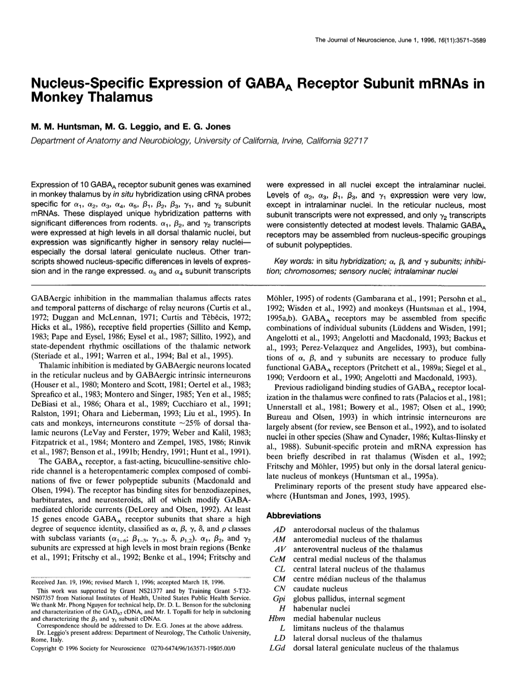 Nucleus-Specific Expression of GABA, Receptor Subunit Mrnas in Monkey Thalamus