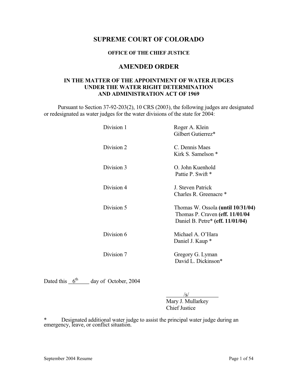 Supreme Court of Colorado Amended Order