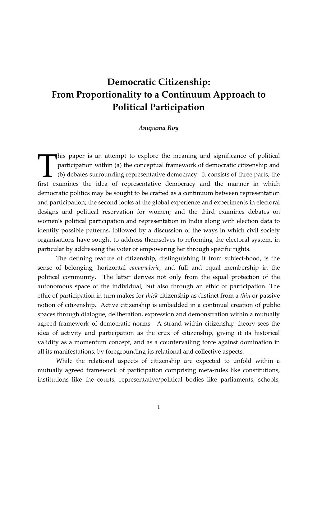 Democratic Citizenship: from Proportionality to a Continuum Approach to Political Participation