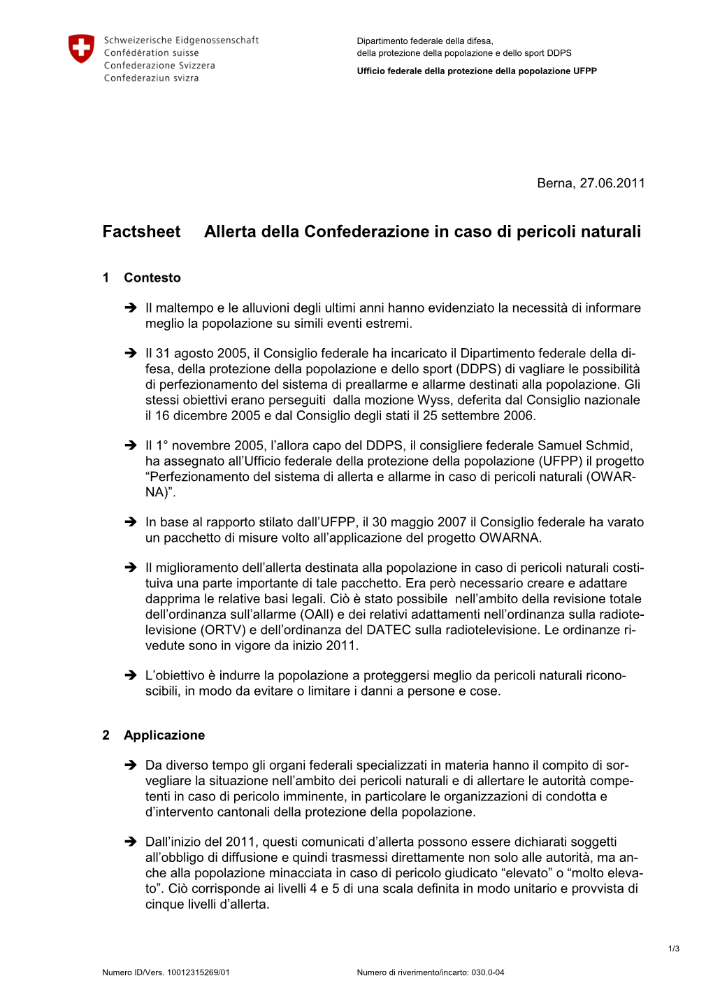 Factsheet Allerta Della Confederazione in Caso Di Pericoli Naturali