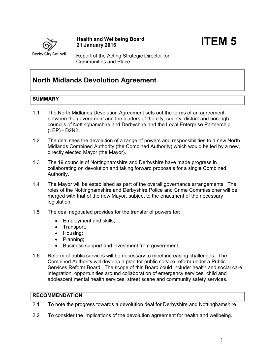 ITEM 5 North Midlands Devolution Agreement