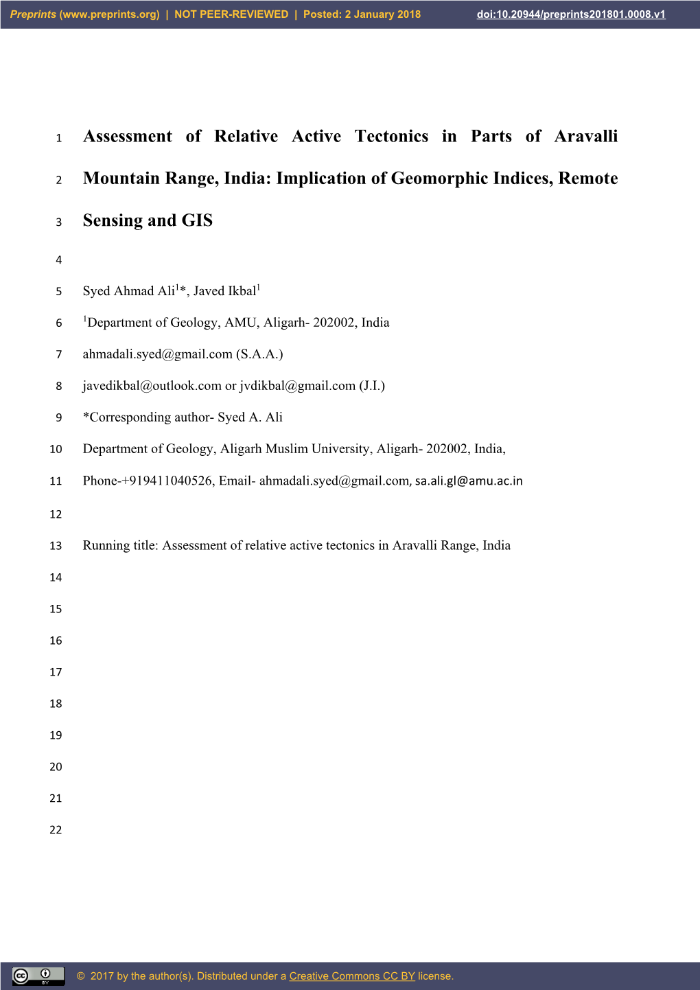 Assessment of Relative Active Tectonics in Parts of Aravalli Mountain Range, India: Implication of Geomorphic Indices, Remote Se