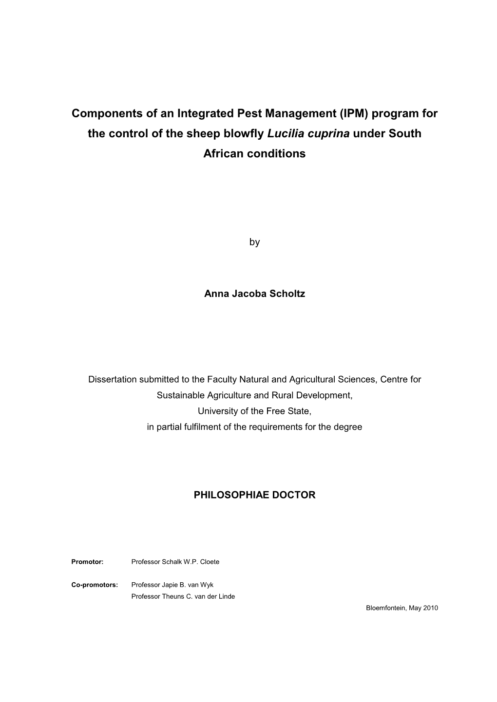 Components of an Integrated Pest Management (IPM) Program for the Control of the Sheep Blowfly Lucilia Cuprina Under South African Conditions