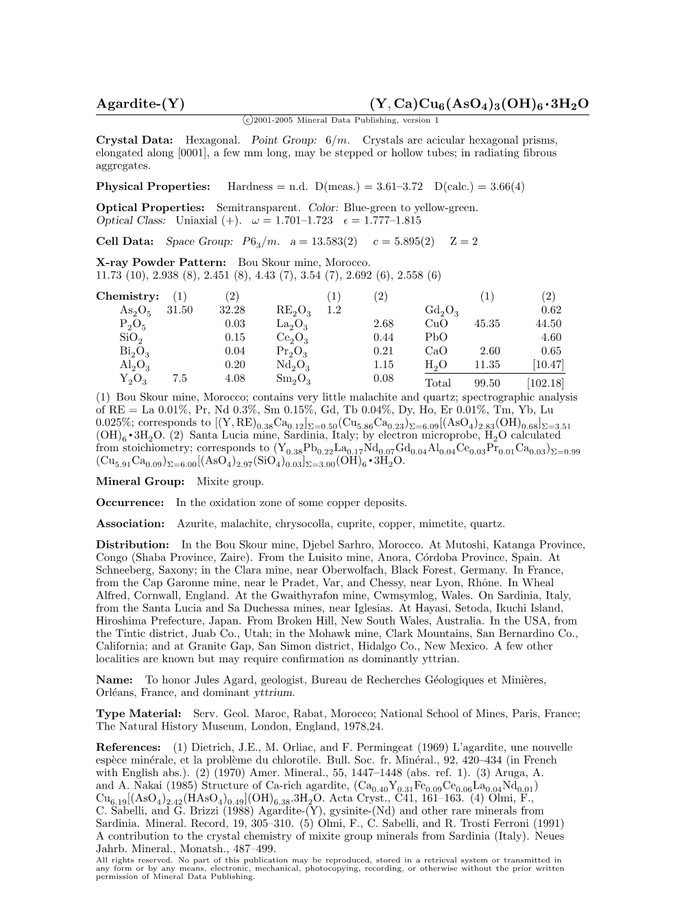 Agardite-(Y) (Y, Ca)Cu6(Aso4)3(OH)6 • 3H2O C 2001-2005 Mineral Data Publishing, Version 1 Crystal Data: Hexagonal