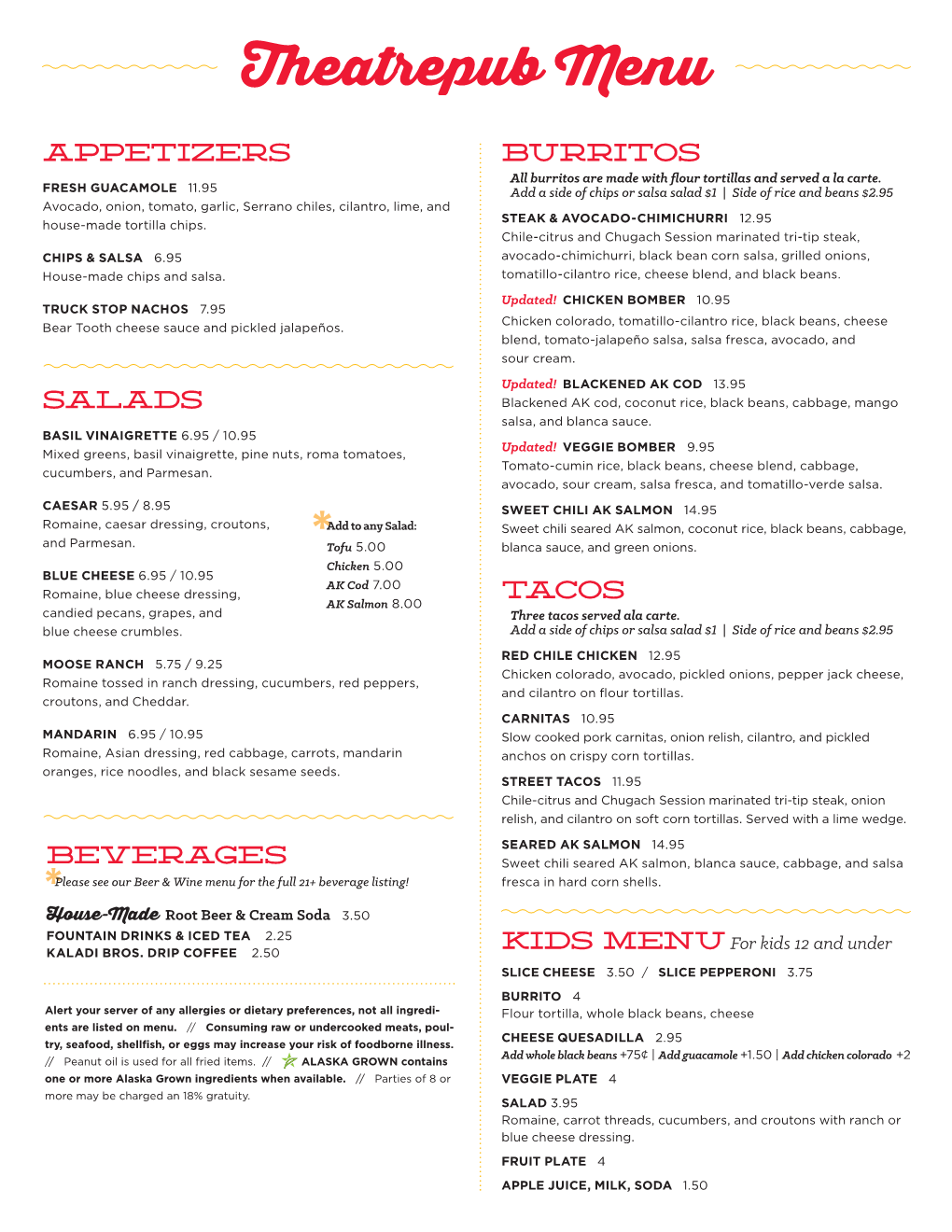 Theatrepub Menu Appetizers Burritos All Burritos Are Made with Flour Tortillas and Served a La Carte