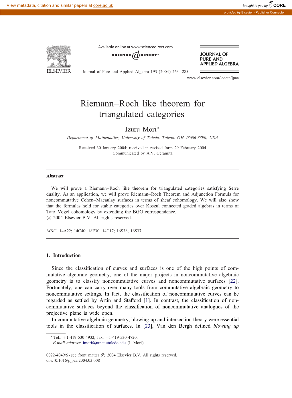 Riemann–Roch Like Theorem for Triangulated Categories