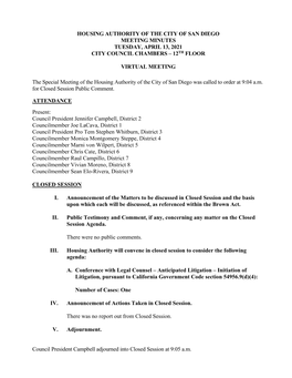 Minutes Tuesday, April 13, 2021 City Council Chambers – 12Th Floor