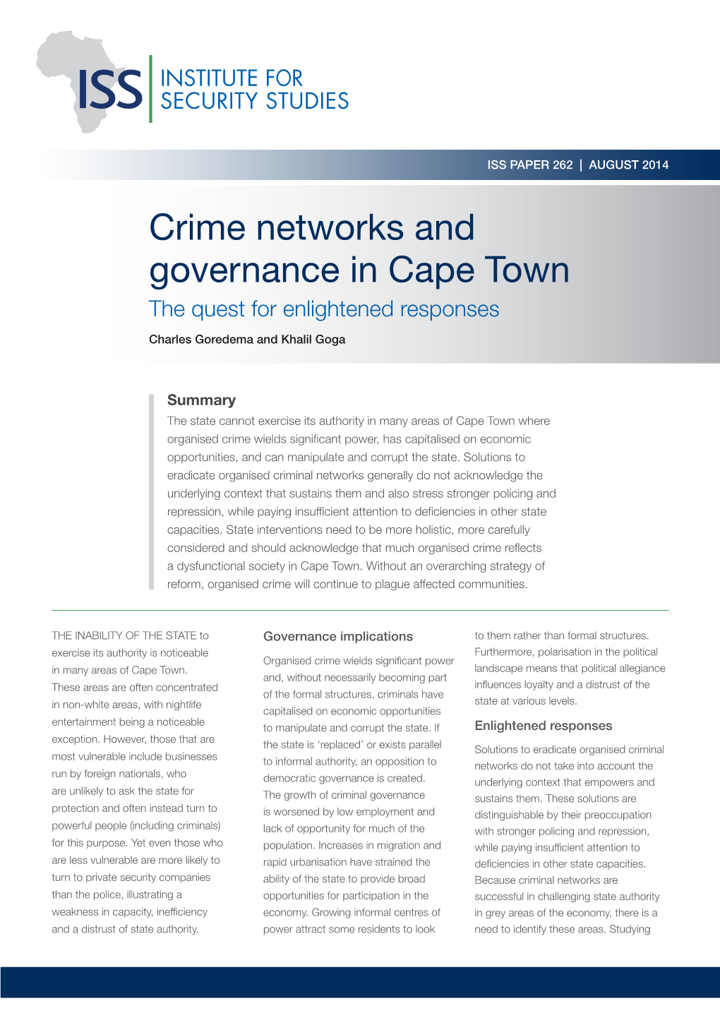 Crime Networks and Governance in Cape Town the Quest for Enlightened Responses