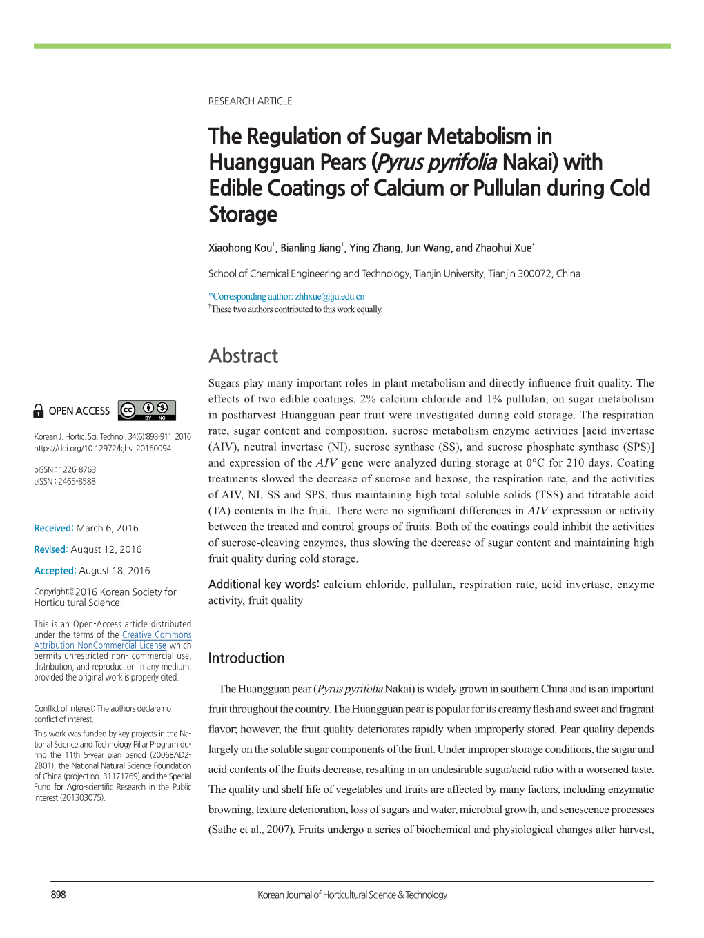 The Regulation of Sugar Metabolism in Huangguan Pears (Pyrus Pyrifolia Nakai) with Edible Coatings of Calcium Or Pullulan During Cold Storage