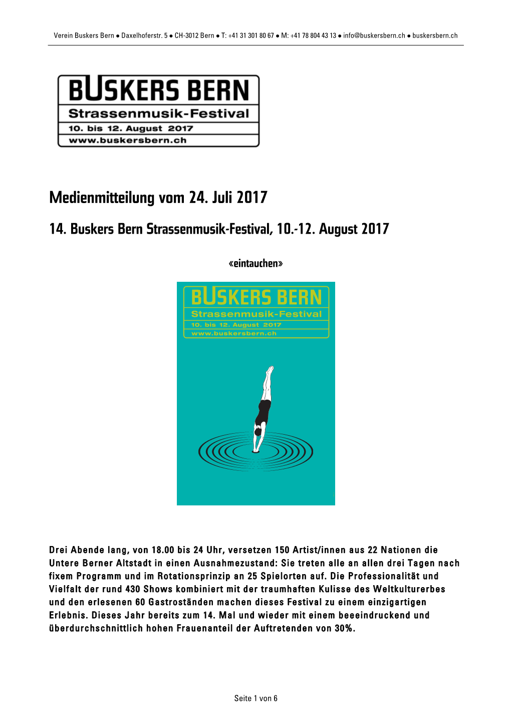 14. Buskers Bern Strassenmusik-Festival, 10.-12. August 2017