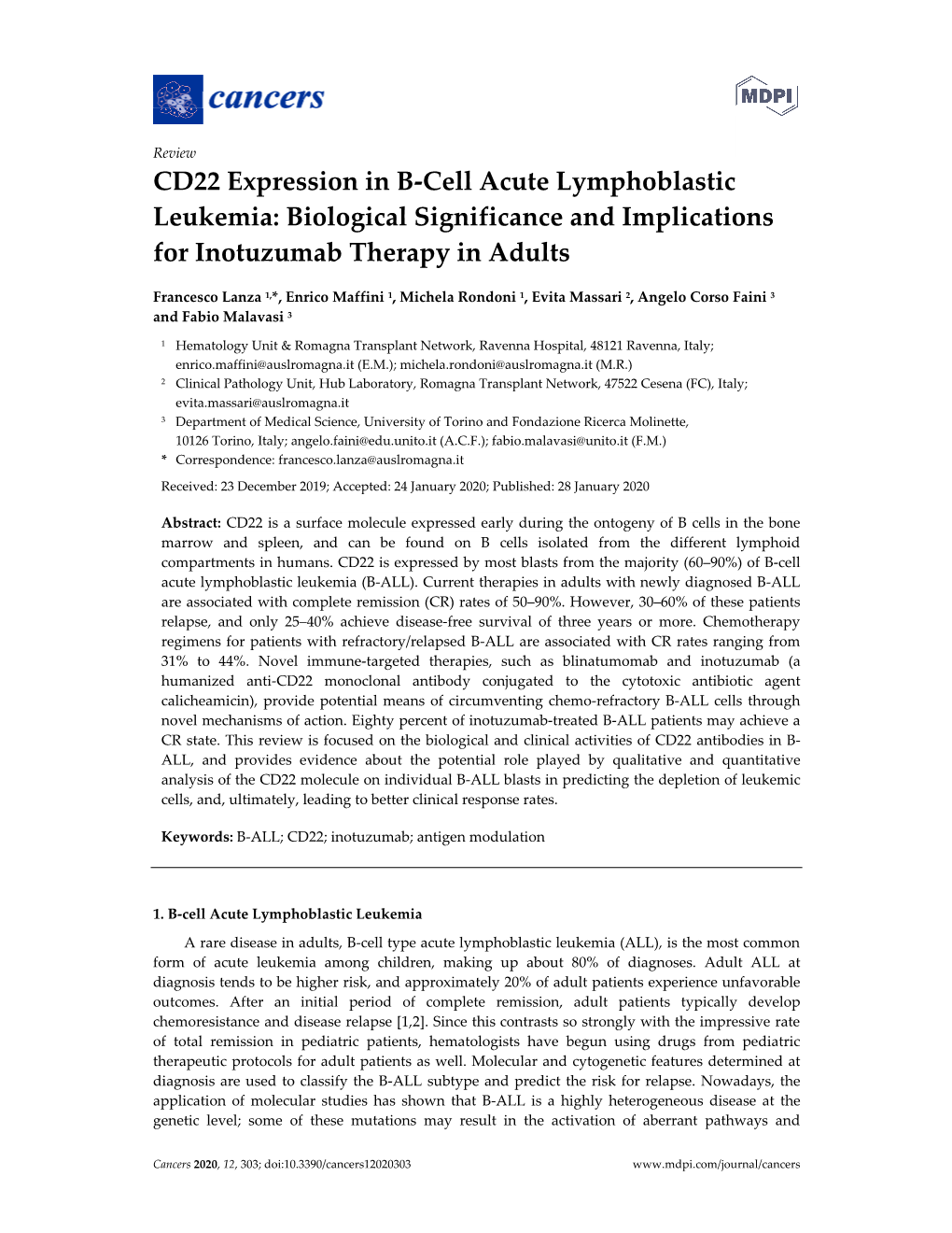 CD22 Expression in B-Cell Acute Lymphoblastic Leukemia: Biological Significance and Implications for Inotuzumab Therapy in Adults