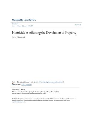 Homicide As Affecting the Devolution of Property Arthur E