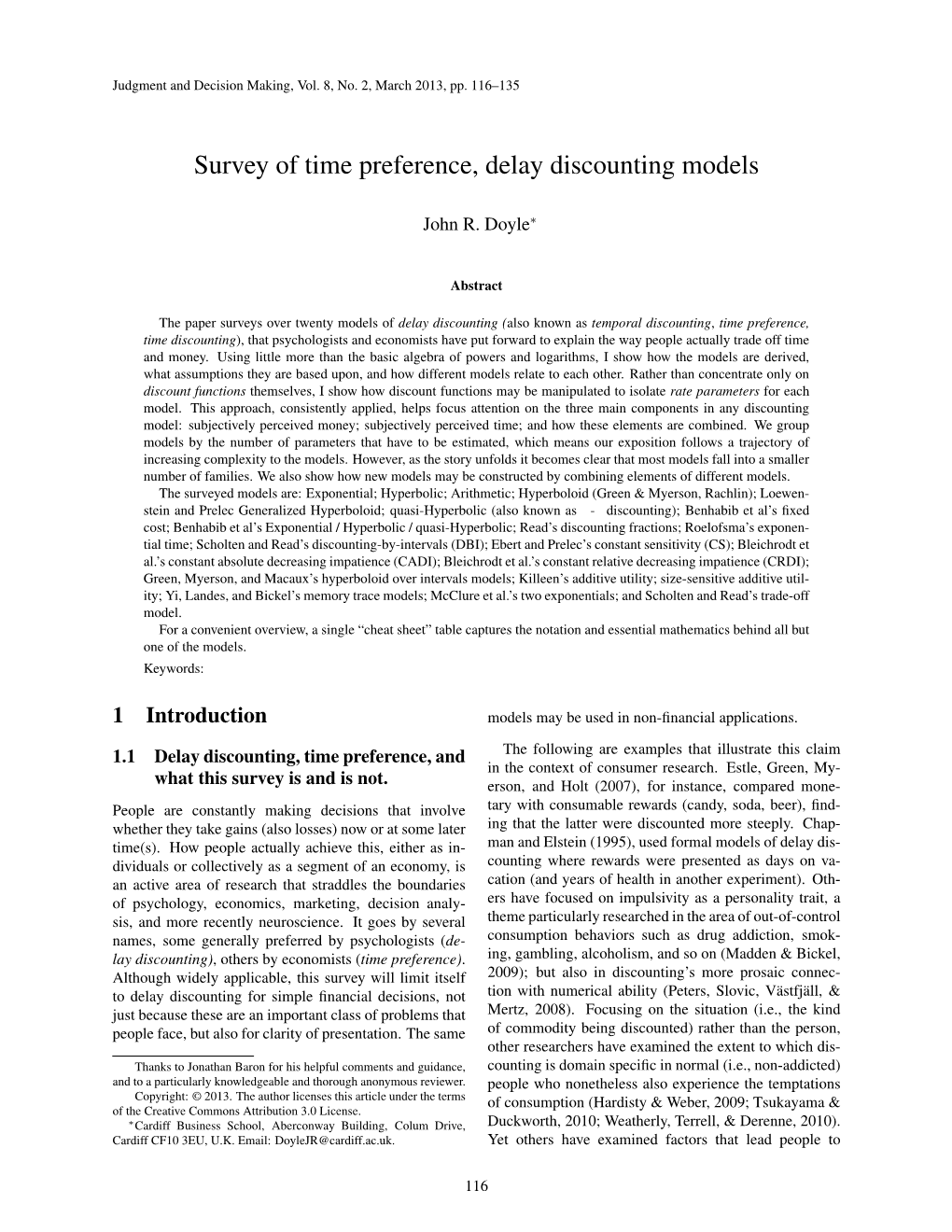 Survey of Time Preference, Delay Discounting Models