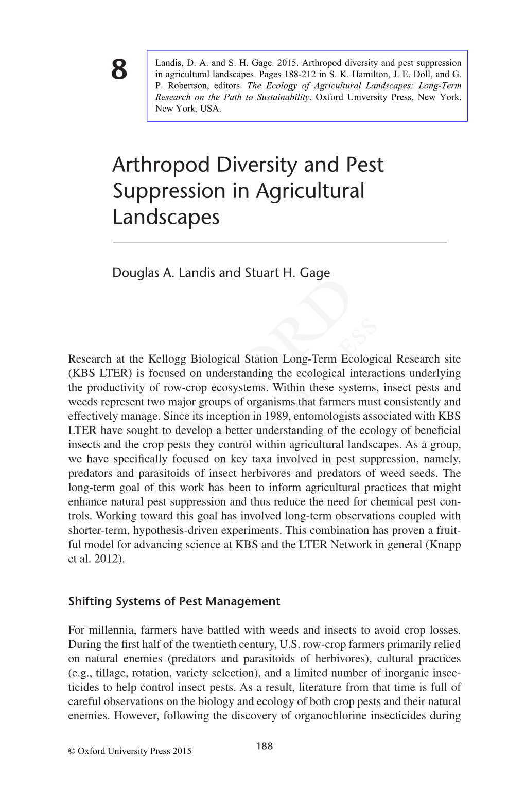 Arthropod Diversity and Pest Suppression in Agricultural Landscapes