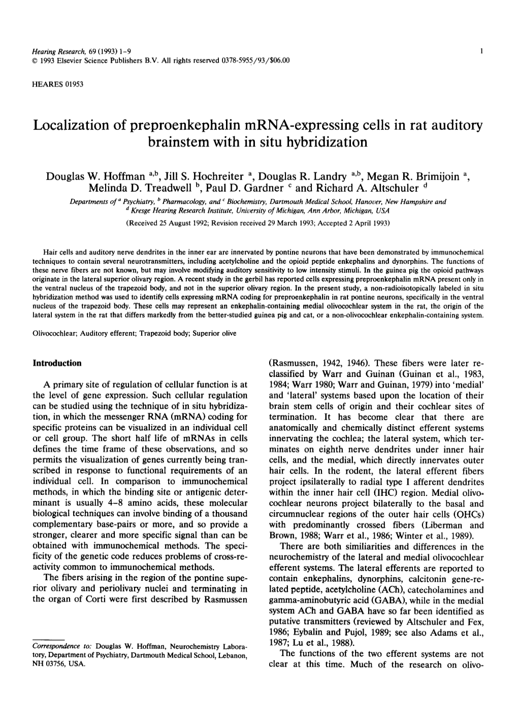 Localization of Preproenkephalin Mrna-Expressing Cells in Rat Auditory Brainstem with in Situ Hybridization