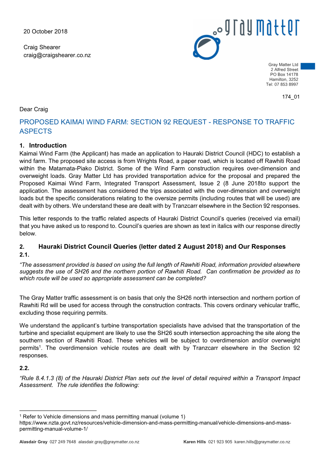 Proposed Kaimai Wind Farm: Section 92 Request - Response to Traffic Aspects