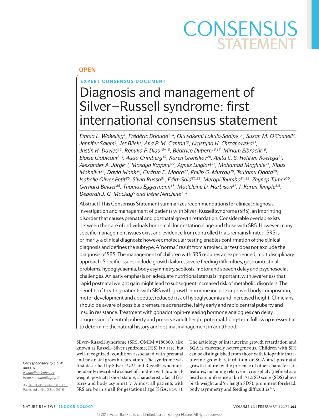 Diagnosis and Management of Silver–Russell Syndrome: First International Consensus Statement