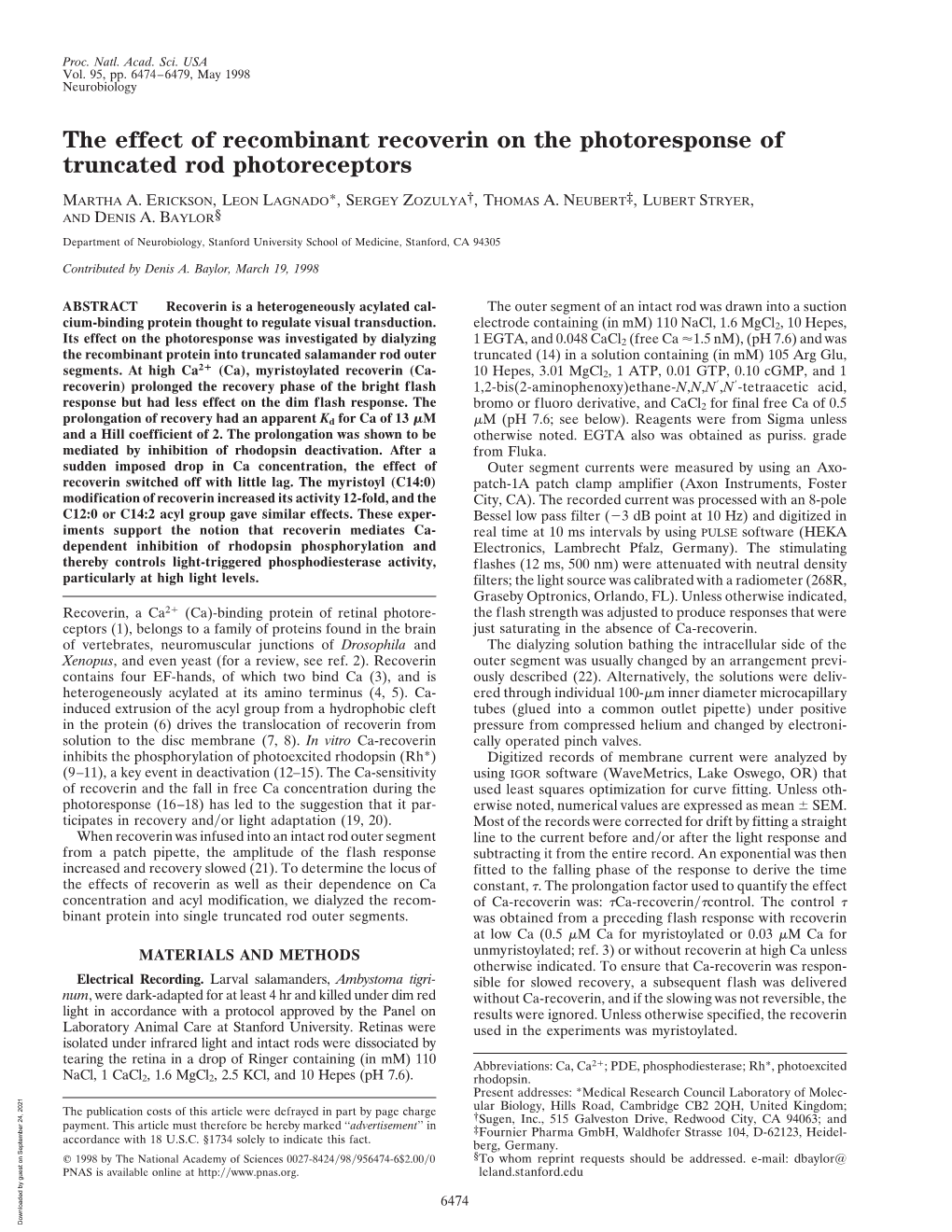 The Effect of Recombinant Recoverin on the Photoresponse of Truncated Rod Photoreceptors