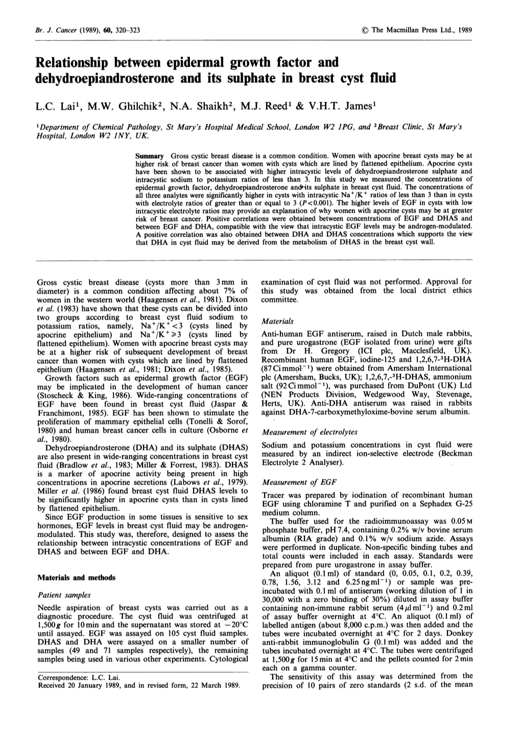 Relationship Between Epidermal Growth Factor and Dehydroepiandrosterone and Its Sulphate in Breast Cyst Fluid