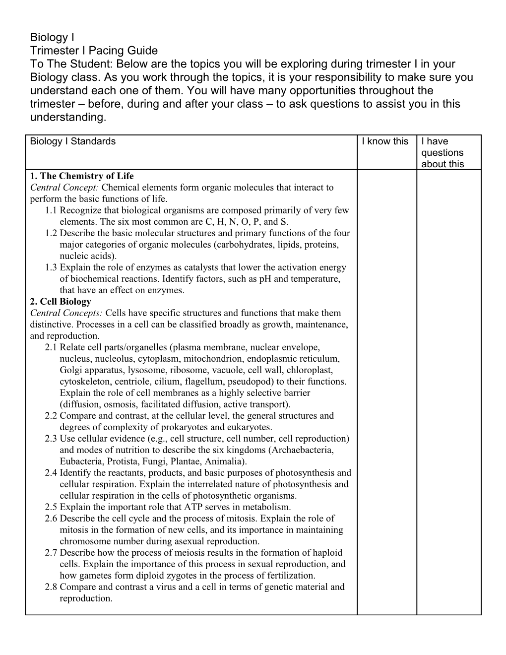 Trimester I Pacing Guide