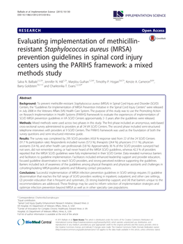 (MRSA) Prevention Guidelines in Spinal Cord Injury Centers Using the PARIHS Framework: a Mixed Methods Study Salva N