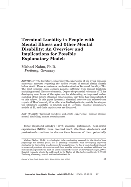 Terminal Lucidity in People with Mental Illness and Other Mental Disability: an Overview and Implications for Possible Explanatory Models