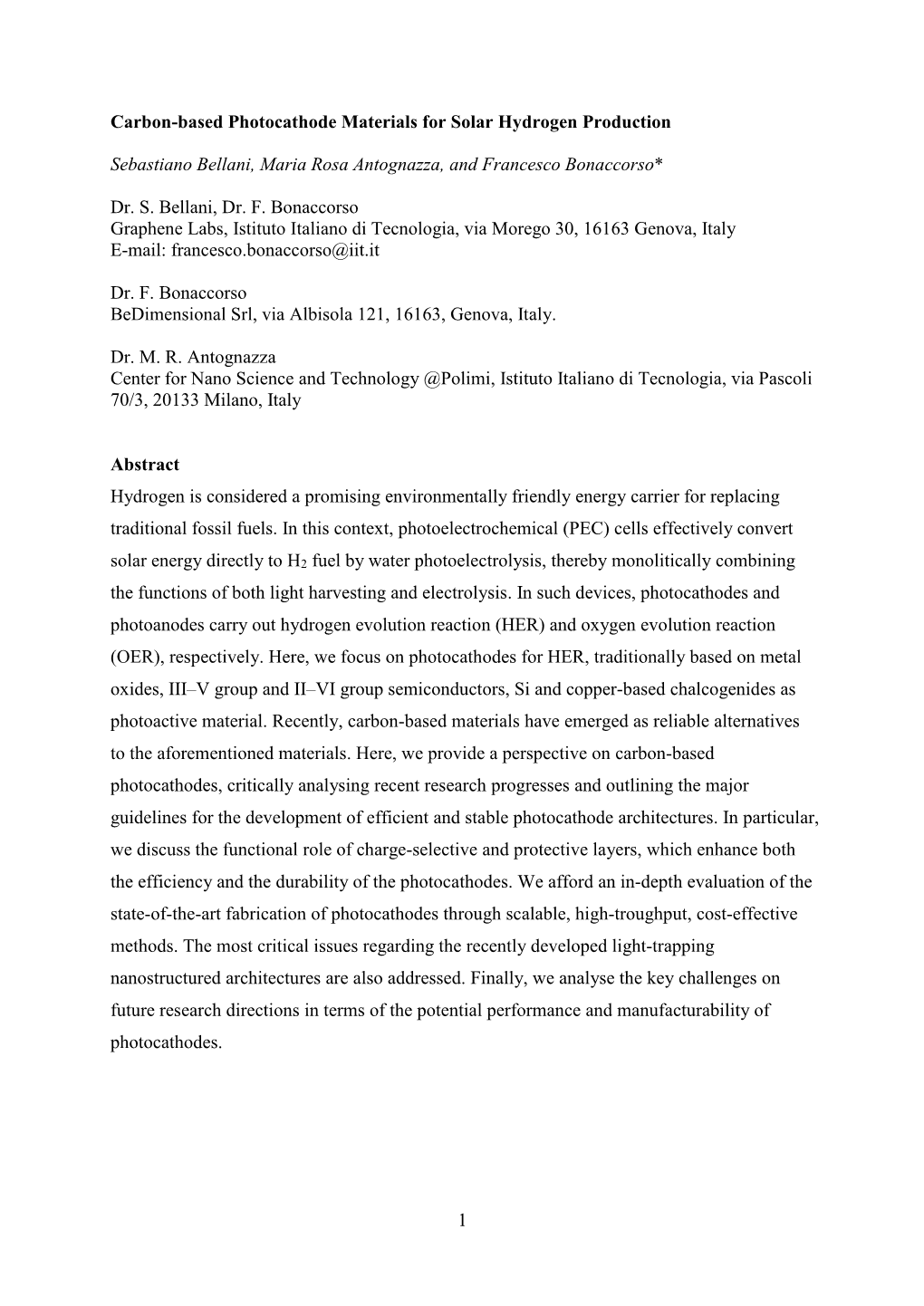 Carbon-Based Photocathode Materials for Solar Hydrogen Production