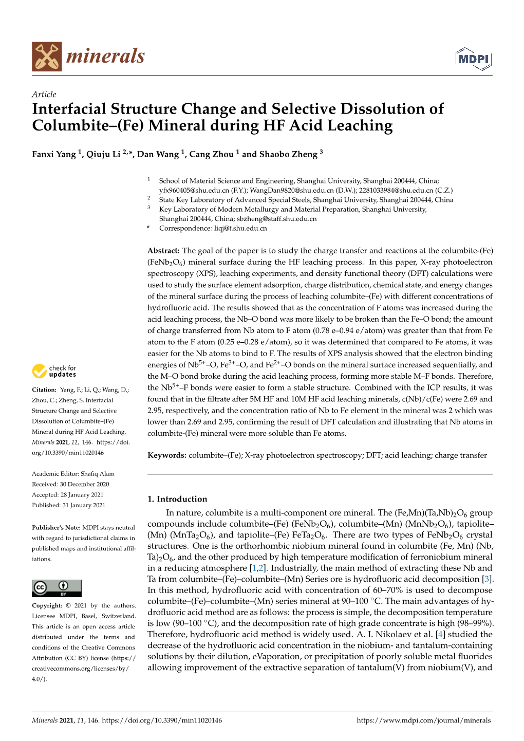 Interfacial Structure Change and Selective Dissolution of Columbite–(Fe) Mineral During HF Acid Leaching