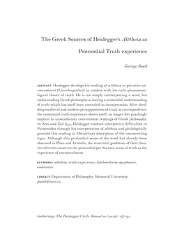The Greek Sources of Heidegger's Alētheia As Primordial Truth