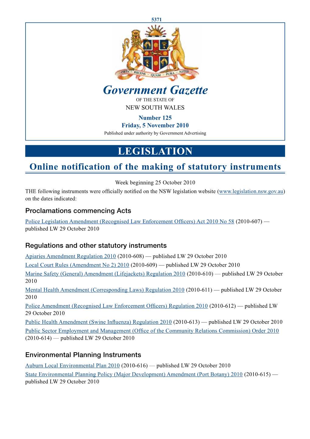 Government Gazette of the STATE of NEW SOUTH WALES Number 125 Friday, 5 November 2010 Published Under Authority by Government Advertising