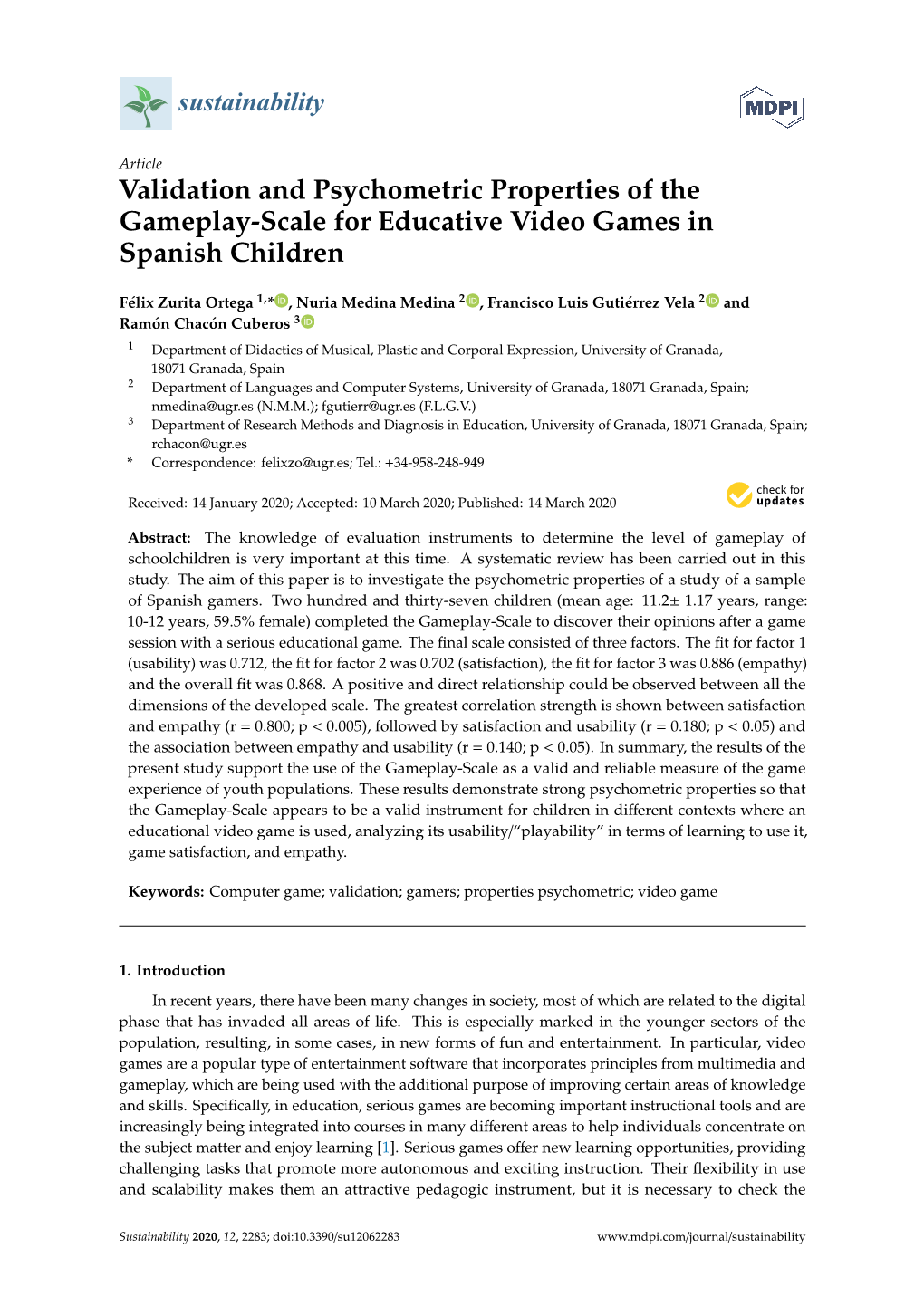 Validation and Psychometric Properties of the Gameplay-Scale for Educative Video Games in Spanish Children
