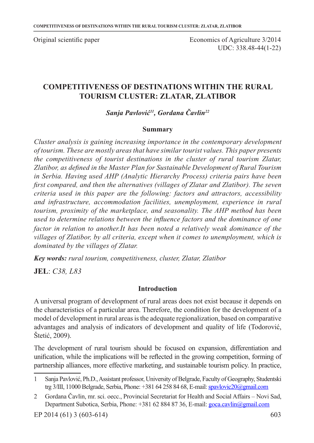 Competitiveness of Destinations Within the Rural Tourism Cluster: Zlatar, Zlatibor