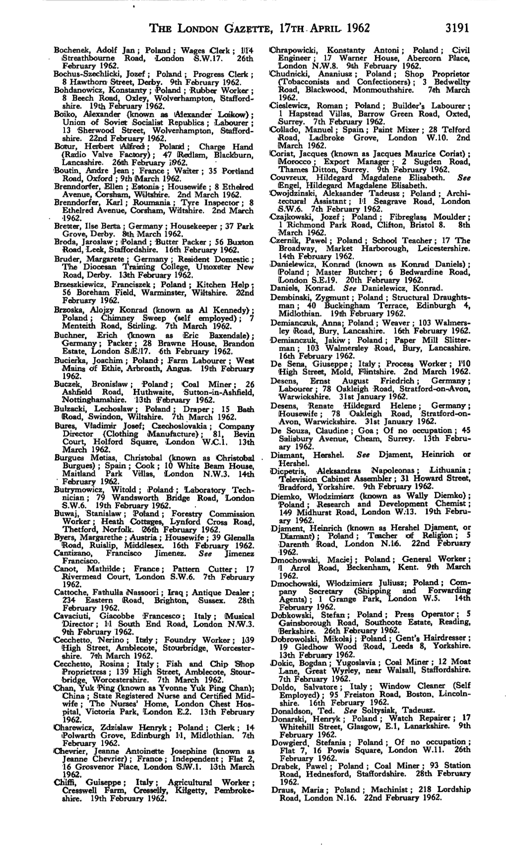 The London Gazette, I?Th April 1962 3191