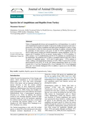 Species List of Amphibians and Reptiles from Turkey