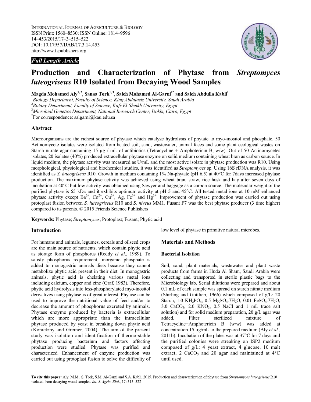 Production and Characterization of Phytase from Streptomyces Luteogriseus R10 Isolated from Decaying Wood Samples