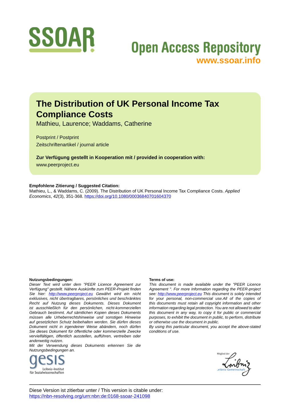 The Distribution of UK Personal Income Tax Compliance Costs Mathieu, Laurence; Waddams, Catherine