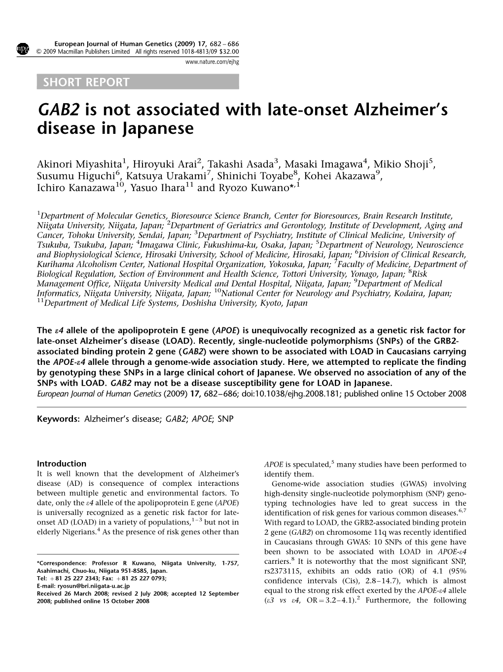 GAB2 Is Not Associated with Late-Onset Alzheimer&Apos