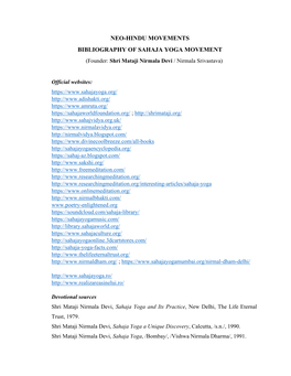 NEO-HINDU MOVEMENTS BIBLIOGRAPHY of SAHAJA YOGA MOVEMENT (Founder: Shri Mataji Nirmala Devi / Nirmala Srivastava)