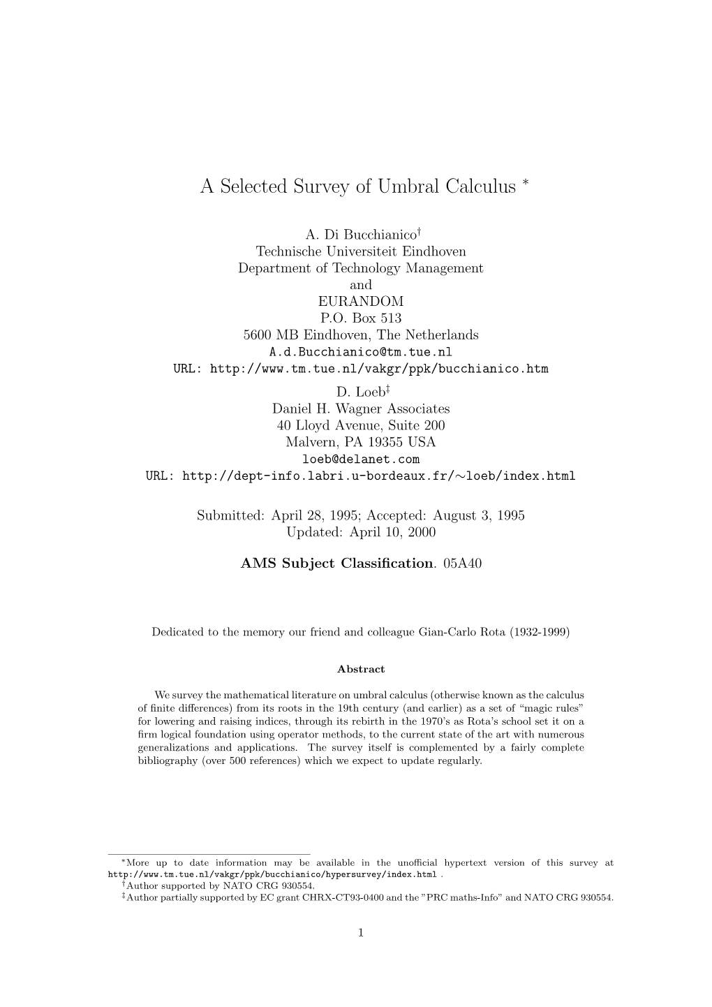 A Selected Survey of Umbral Calculus ∗