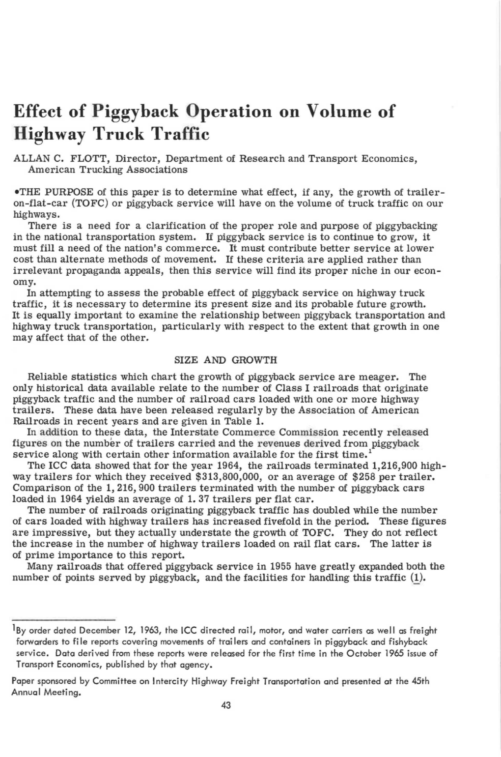 Effect of Piggyback Operation on Volume of Highway Truck Traffic ALLAN C