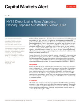 NYSE Direct Listing Rules Approved; Nasdaq Proposes Substantially Similar Rules