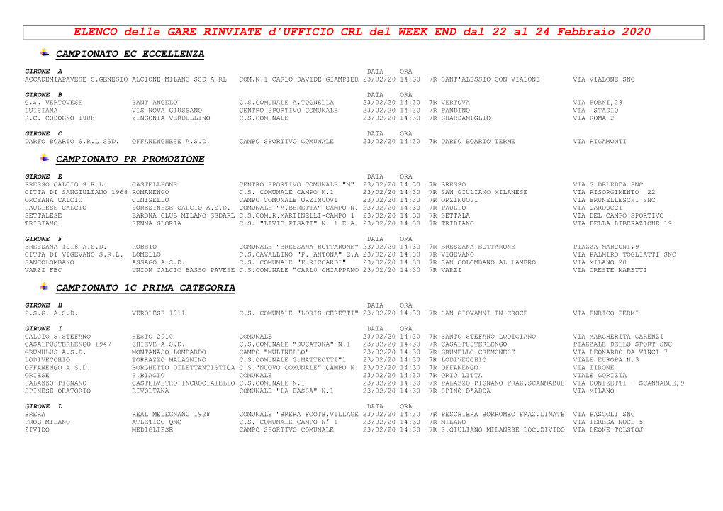 ELENCO Delle GARE RINVIATE D'ufficio CRL Del WEEK END Dal